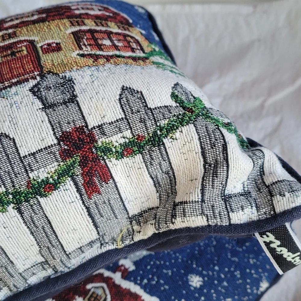 Two Christmas-Themed Tapestry Pillows Snowy Landscape Rectangle Blue Houses VTG